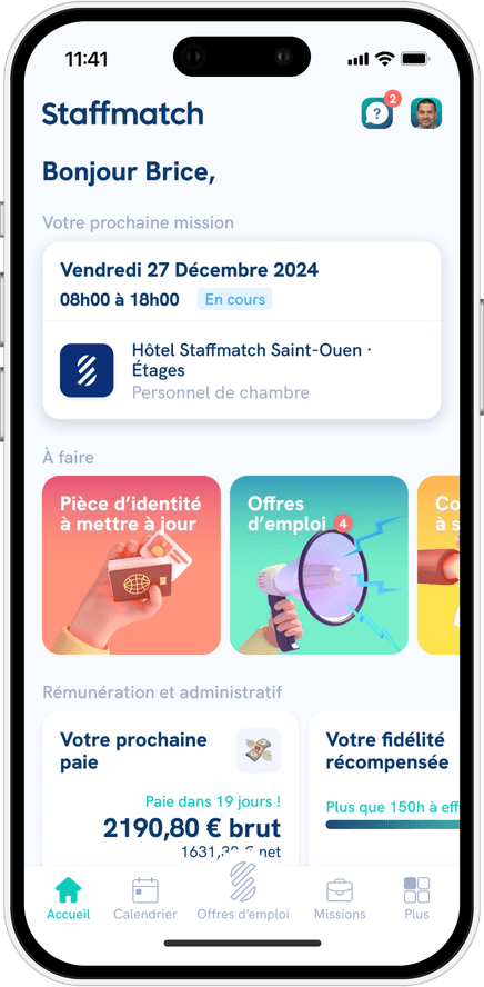 Écran d’accueil de l’application mobile Staffmatch.