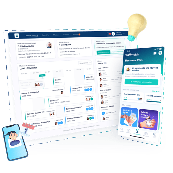 Captures d’écran des applications Staffmatch web et mobile, icône de smartphone à côté.