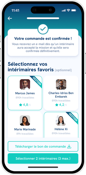 Écran “Commande” de l’application mobile Staffmatch Business.