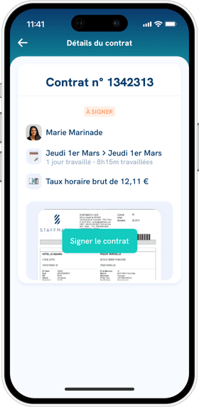 Écran “Contrats” de l’application mobile Staffmatch Business.