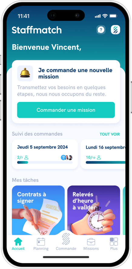 Écran d’accueil de l’application mobile Staffmatch Business.