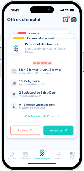 Écran “Offres d’emploi” de l’application mobile Staffmatch.