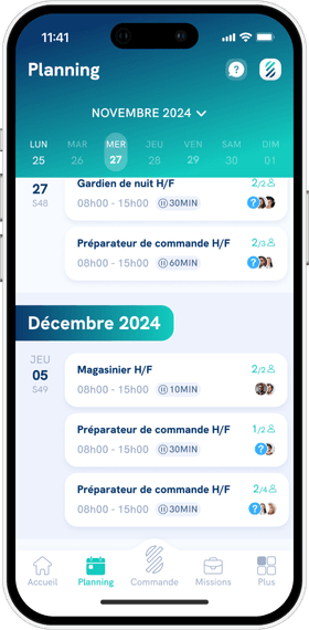 Écran “Planning” de l’application mobile Staffmatch Business.