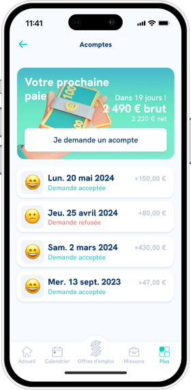 Écran “Acomptes” de l’application mobile Staffmatch.